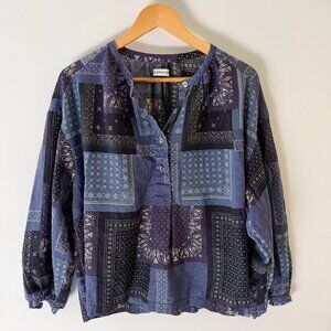 OVERLOVER Blouse 100% Linen Poet Romantic Patchwork Handkerchief Navy Blue Small